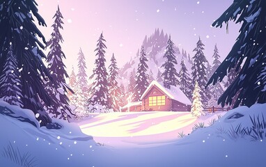 Naklejka premium A peaceful winter cabin nestled among snow-covered trees at twilight in a serene mountain landscape