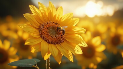 Obraz premium Close-up of Bee on Bright Sunflower in Nature