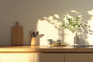 A well-lit kitchen counter with wooden utensils, a potted plant, and natural lighting creating a warm, inviting atmosphere.