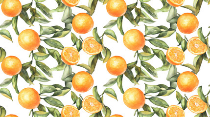 Vibrant watercolor illustration of ripe oranges on a seamless white background ideal for wrapping paper textiles and menu designs