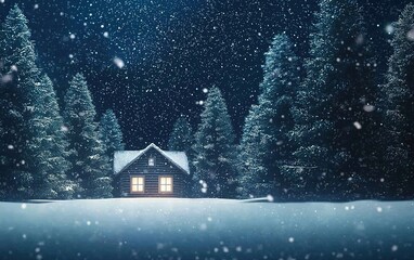 Fototapeta premium A cozy cabin surrounded by snow-covered trees on a quiet winter night under falling snowflakes