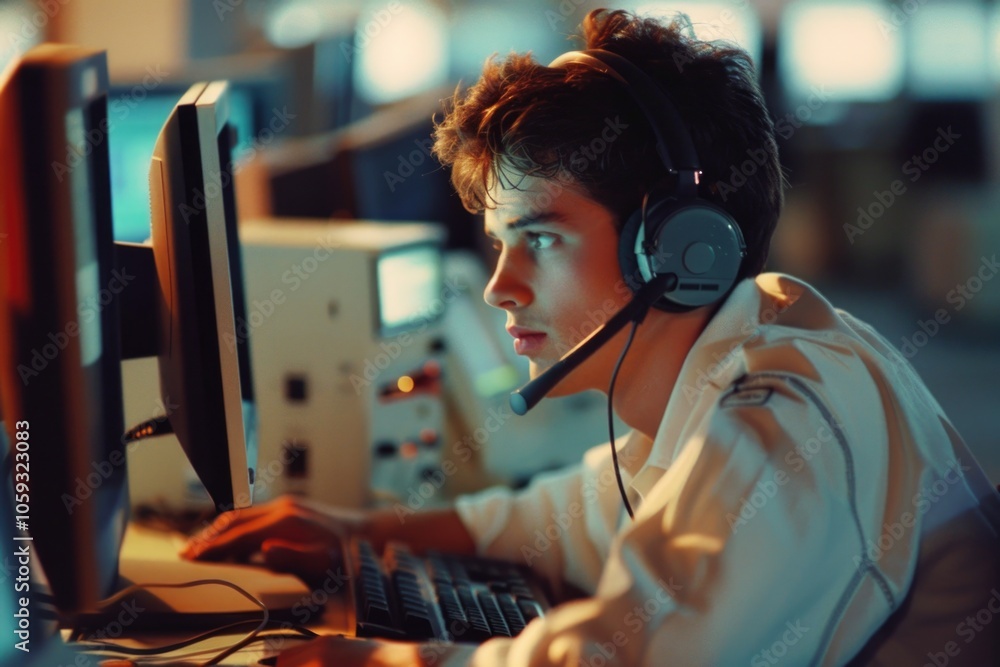 Poster a call center operator seated at a workstation with multiple computers, wearing a headset to engage 