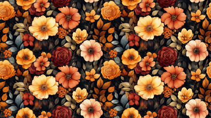 Fototapeta premium Seamless watercolor floral pattern featuring autumn blooms ideal for fabric design and home textiles
