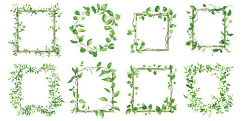 Set watercolor green leaves frame border floral tree branches design resources elements isolated on transparent background