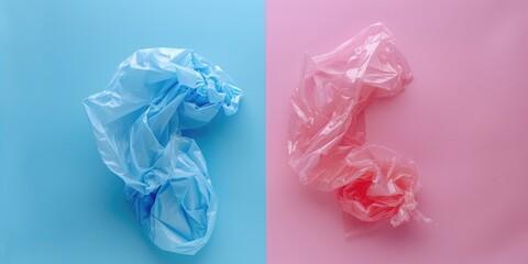 Fototapeta premium Two pieces of plastic wrap, one blue and one pink, are placed on a blue background. The blue wrap is positioned on the left side of the image, while the pink wrap is on the right side