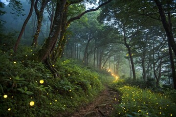 Naklejka premium Enchanted Forest Nighttime with Fireflies and Lush Greenery - Double Exposure Photography