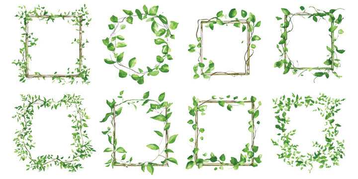 Set watercolor green leaves frame border floral tree branches design resources elements isolated on transparent background