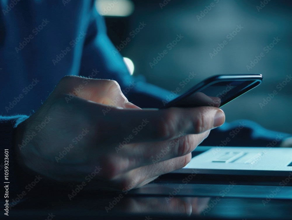 Poster hand holding a mobile phone with a thumb on the screen, indicating usage or interaction