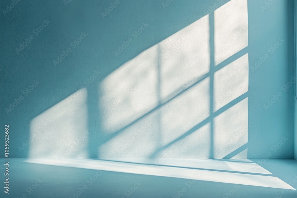 Poster blue room with a window that is letting in sunlight. the room is empty and the sunlight is creating 