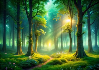 Obraz premium Enchanted Forest with Glowing Lights and Fog at Dusk