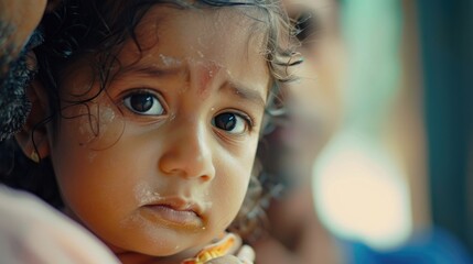 Naklejka premium A young child with an expression of distress, seeking comfort from a person's hand. A scene of emotional connection between family members.