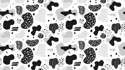 Seamless monochrome pattern featuring abstract shapes in shades of white black and gray ideal for surface design and banners