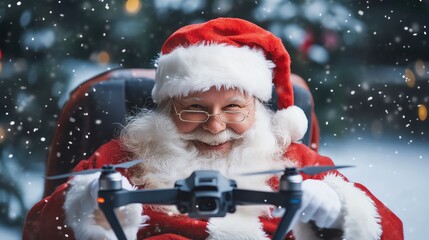 Santa Claus joyfully flying a drone in a snowy winter wonderland, blending tradition with technology in a whimsical holiday scene.