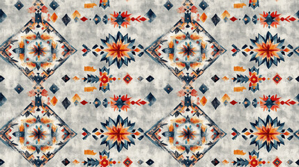 Watercolor ethnic seamless pattern featuring traditional geometric ornaments and ornate tribal elements on a grey background perfect for textile design and home decor