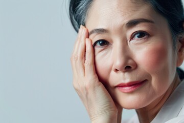 Closeup portrait of happy Asian woman promoting anti aging cream.