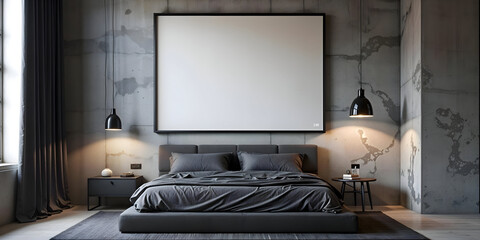 Mock up poster frame on Concrete Wall in Industrial interior background, bedroom, minimalistic style, template