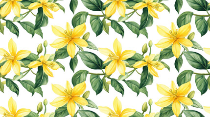 Fototapeta premium Seamless pattern of vibrant ylang ylang yellow tropical flowers and lush green leaves on a clean white background for textile design watercolor illustration