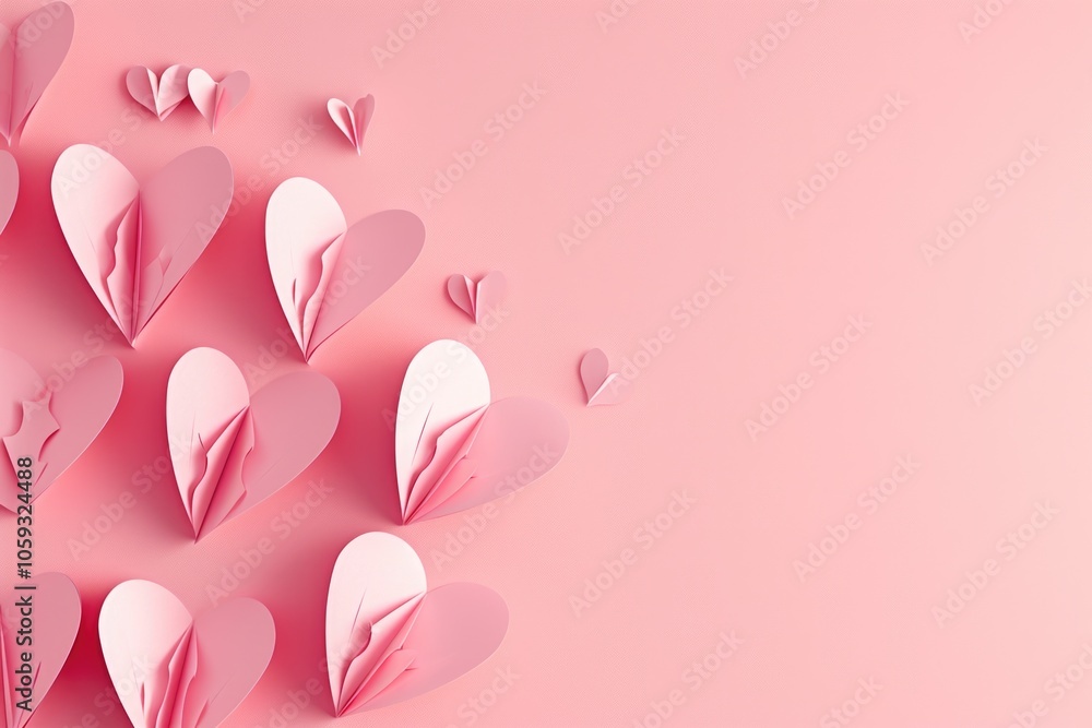 Poster pink background with a bunch of hearts on it. the hearts are cut out of paper and arranged in a way 