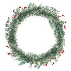 Watercolor Christmas wreath. Winter frame with spruce, berries, eucalyptus branches. Hand drawn vintage illustration on white background