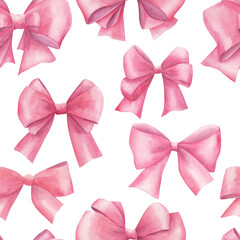 Watercolor seamless pattern with pink bows. Hand drawn illustration on white background