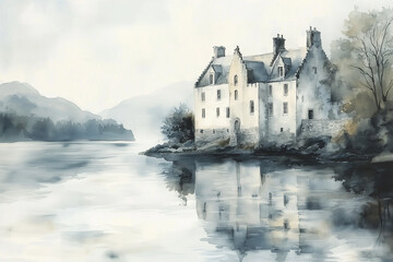 Obraz premium a Scottish castle by the water, muted tones of the stonework with gentle reflections in the loch, peaceful and timeless atmosphere