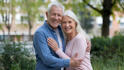 Obraz premium An image of a senior man and woman, a couple, in a happy retirement. They are smiling and hugging each other. The man has short white hair and wears a blue shirt.