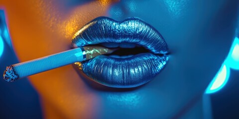 Blue-Toned Woman’s Lips with Cigarette	