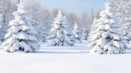 Fototapeta premium Snowy landscape with several snow-covered evergreen trees in a forest setting