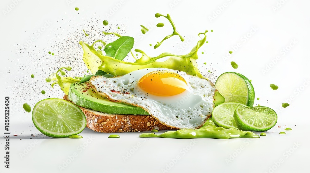 Poster an artistic presentation of avocado toast with a fried egg, accompanied by slices of lime and a spri