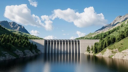Hydroelectric dam integrated into a vibrant natural landscape, energyefficient ecosystem, carbonneutral goals, hyperdetailed 3D render