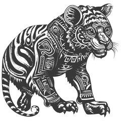 Fototapeta premium Abstract Tribal Style Black and White Illustration of a Tiger Cub