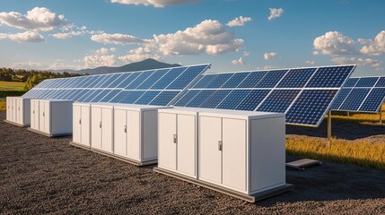 Solar farm with battery storage units in a minimalist 3D landscape, net zero energy output, clean design aesthetic, high resolution