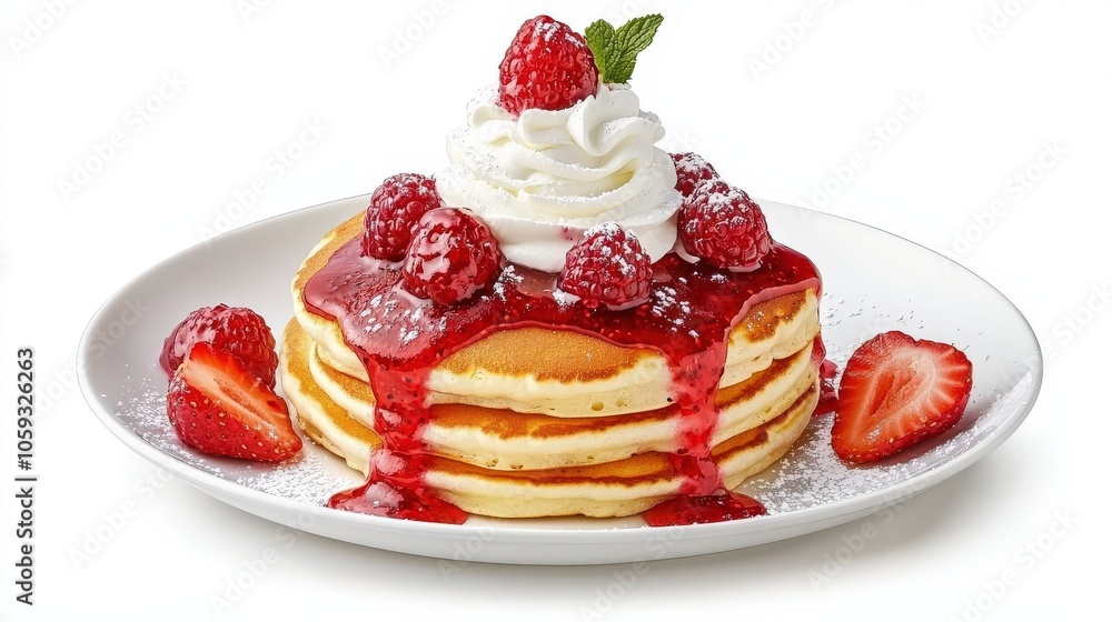 Poster an enticing photo of a fluffy pancake stack, generously covered in berry sauce and accompanied by a 