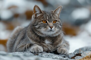 A Close-Up Portrait of a Tabby Cat with Orange Eyes Resting on a Rock