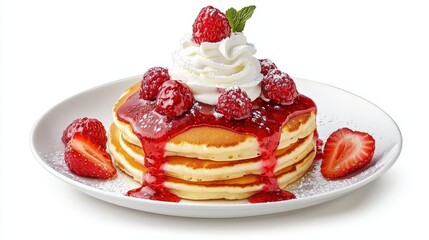 An enticing photo of a fluffy pancake stack, generously covered in berry sauce and accompanied by a dollop of whipped cream, styled elegantly for a breakfast treat.