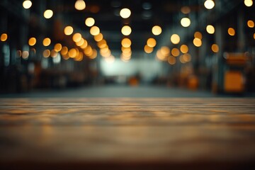 Fototapeta premium Glowing light from ceiling lamps illuminates a factory floor at night.