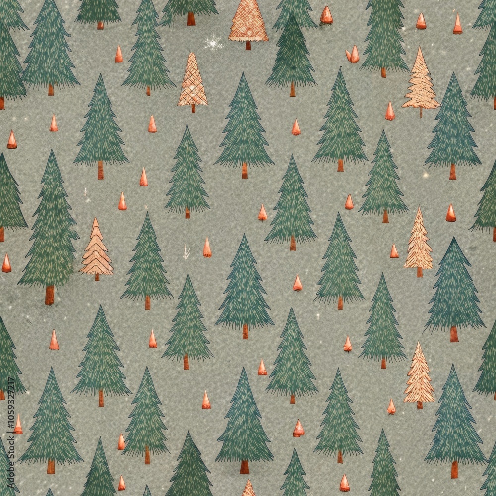 Poster whimsical forest pattern with evergreen and orange trees on textured background