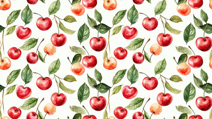 Watercolor cherries and green leaves forming a seamless pattern on a white background ideal for textile design and fresh decor