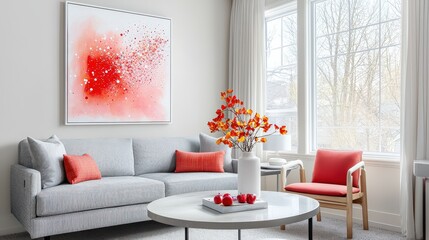Bold red wall art in a cozy space with soft textures and warm tones, creating a stylish focal point that adds warmth and energy