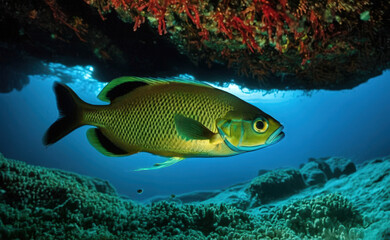 Pez amarillo nadando bajo un saliente rocoso en aguas profundas sobre un arrecife coralino.