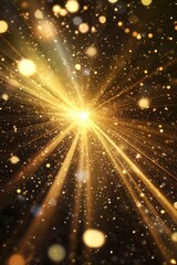 Bright yellow light shines through a dark room, illuminating a cluster of golden glitter. The light is so bright that it casts a warm glow on everything around it, creating a sense of warmth