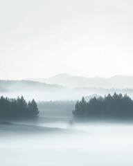 Fototapeta premium Misty forest landscape with layers of fog and distant hills