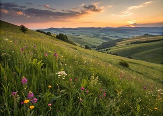 Evening Serenity in a Hillside Meadow - Panoramic Landscape Photography
