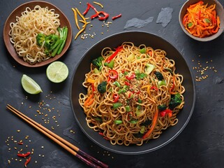 Overhead View of Chow Mein on Slate Background