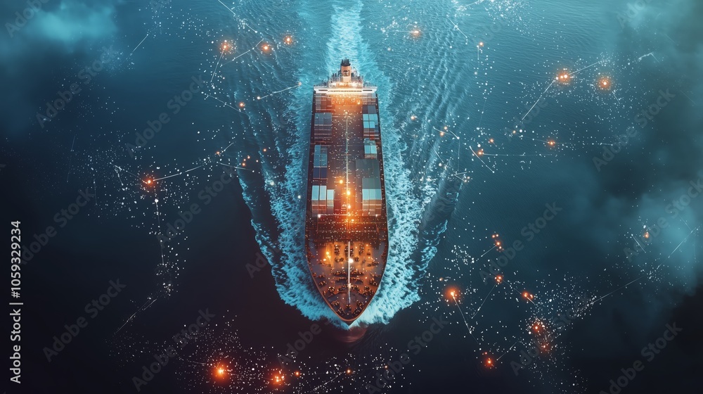 Poster automated cargo ship navigating in high-tech waters