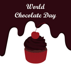 Festive banner design for World Chocolate Day. Chocolate cupcake with cherries on background of flowing chocolate. Vector illustration