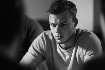 Young man in athletic clothing, looking contemplative during a sports interview.