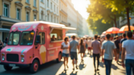 A city street with an ice cream truck and people standing in line for sweets