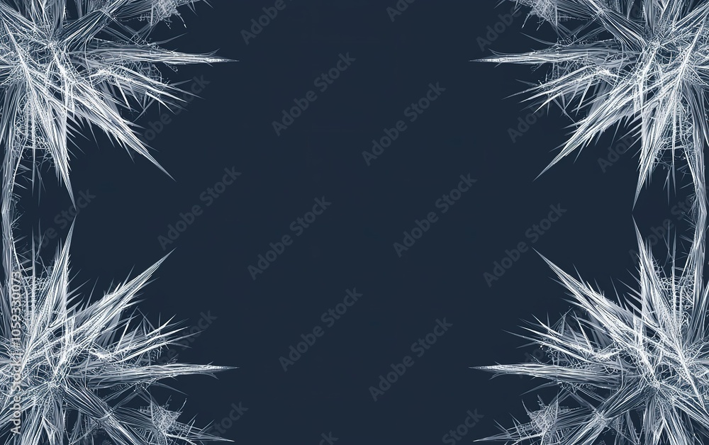 Poster intricate frost patterns formed on glass, creating a delicate winter landscape backdrop in a cool, d