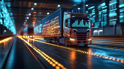 Futuristic Truck Interface in Modern Warehouse